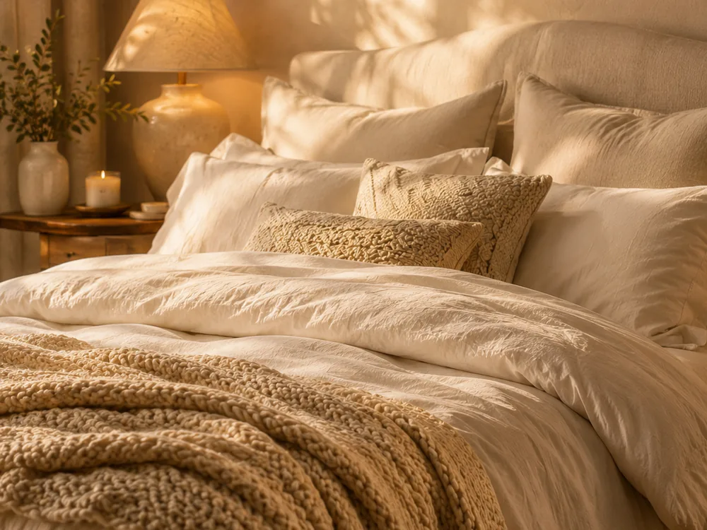 Soft layered neutral bedding with pillows, chunky knit throw, and warm bedside lighting.