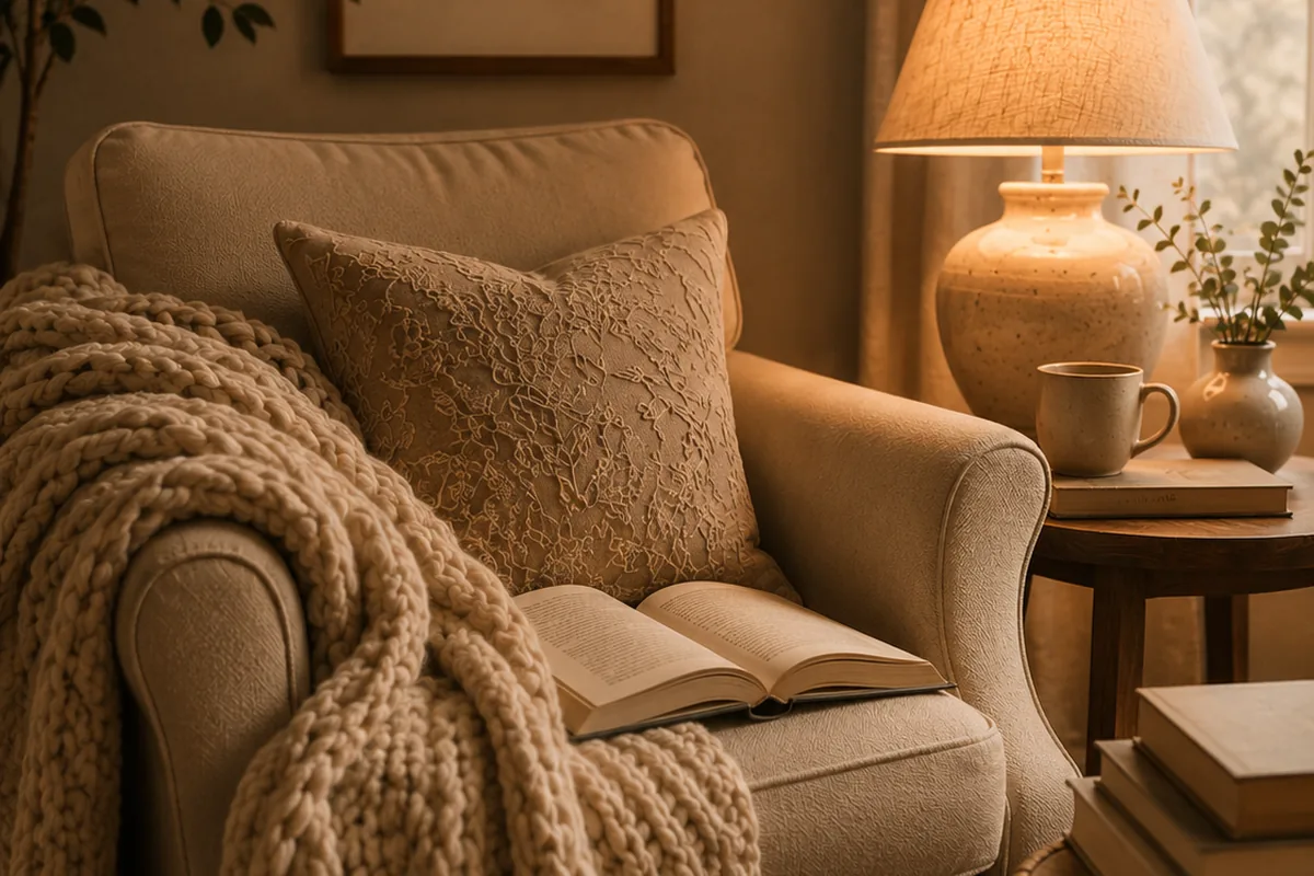 Warm reading nook with a chair and lamp