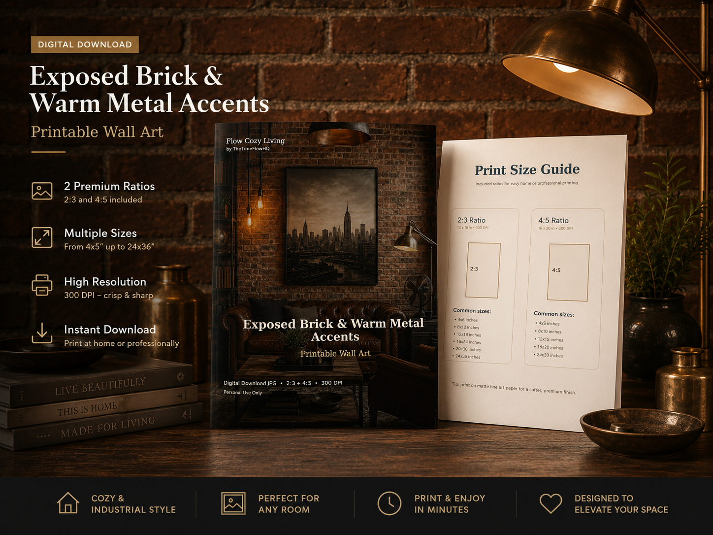 Exposed Brick and Warm Metal eight-print collection with printable size guidance
