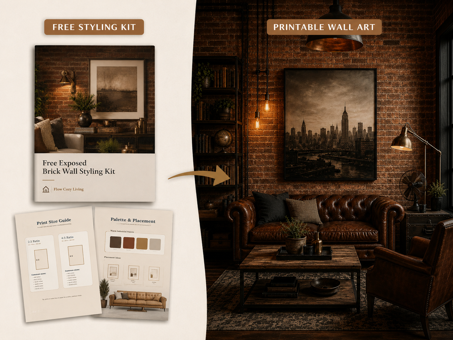 Free Exposed Brick Wall Styling Kit leading toward a warm exposed-brick wall-art plan