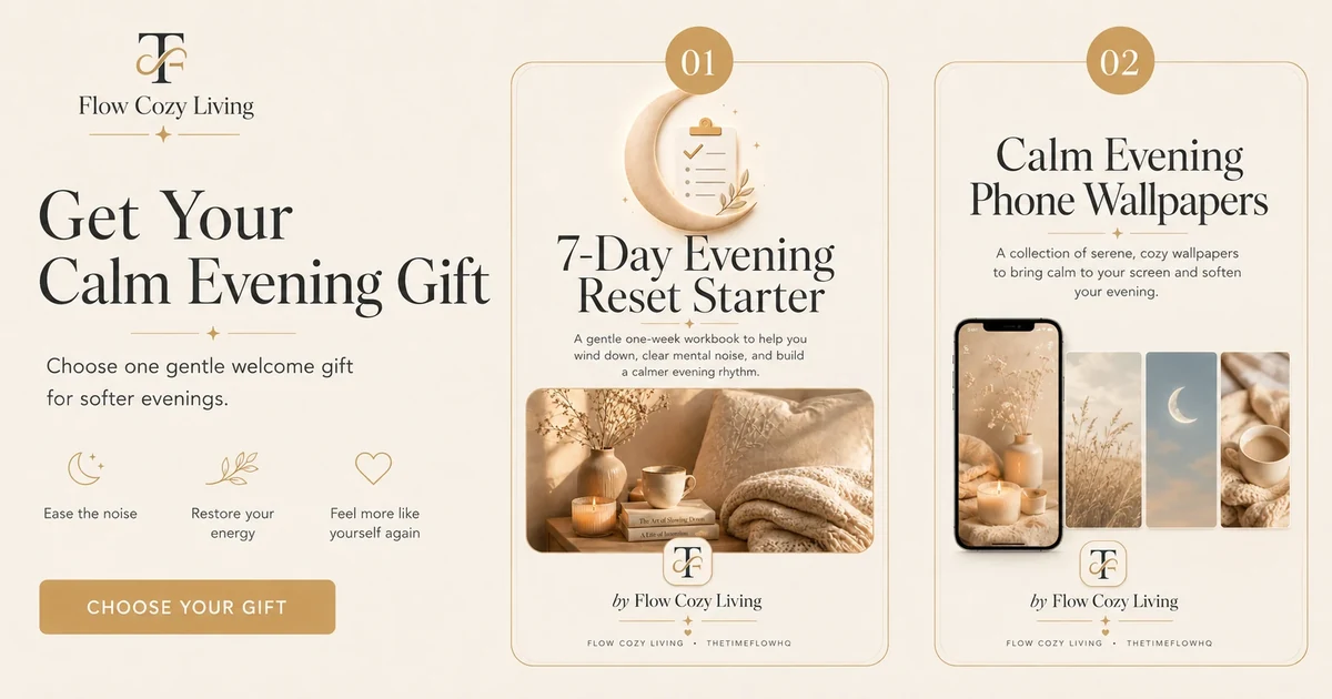 Flow Cozy Living free calm evening gift preview showing the 7-Day Evening Reset Starter and Calm Evening Phone Wallpapers