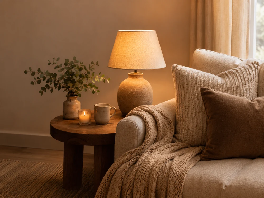 Cozy living corner with warm lighting and soft neutral decor