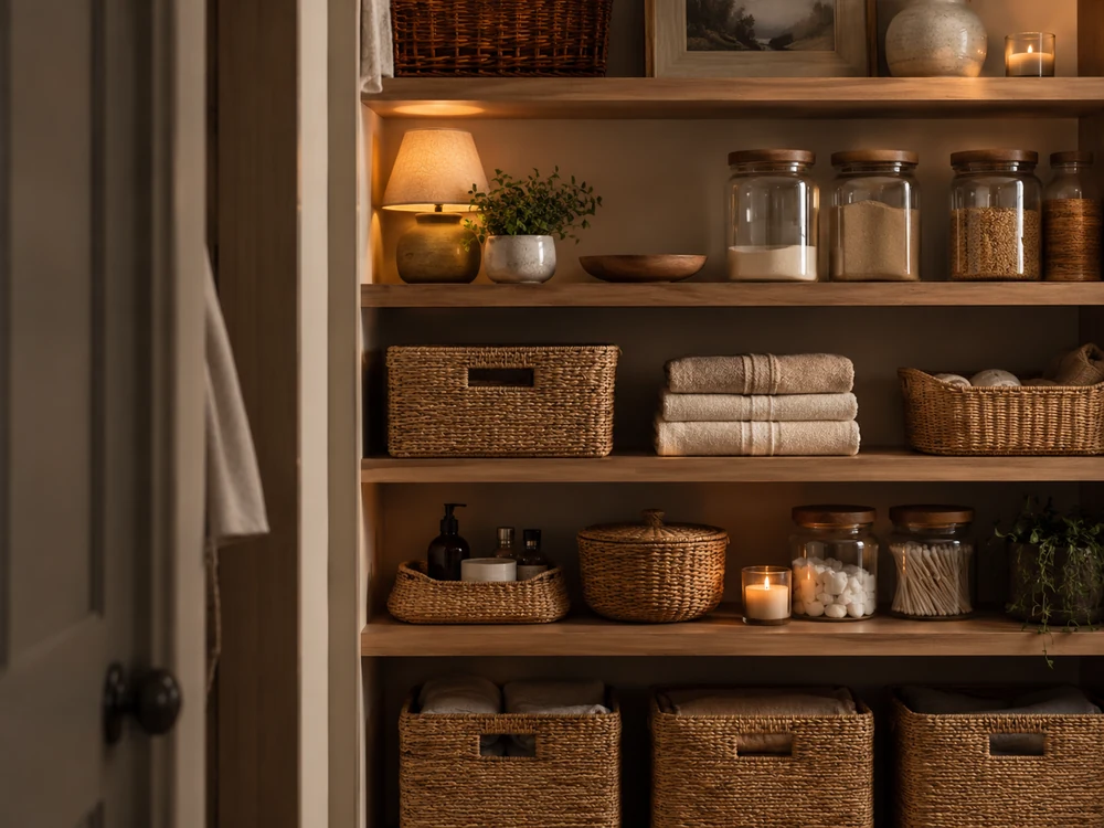 Organized warm storage shelves with woven baskets, folded towels, jars, and candle