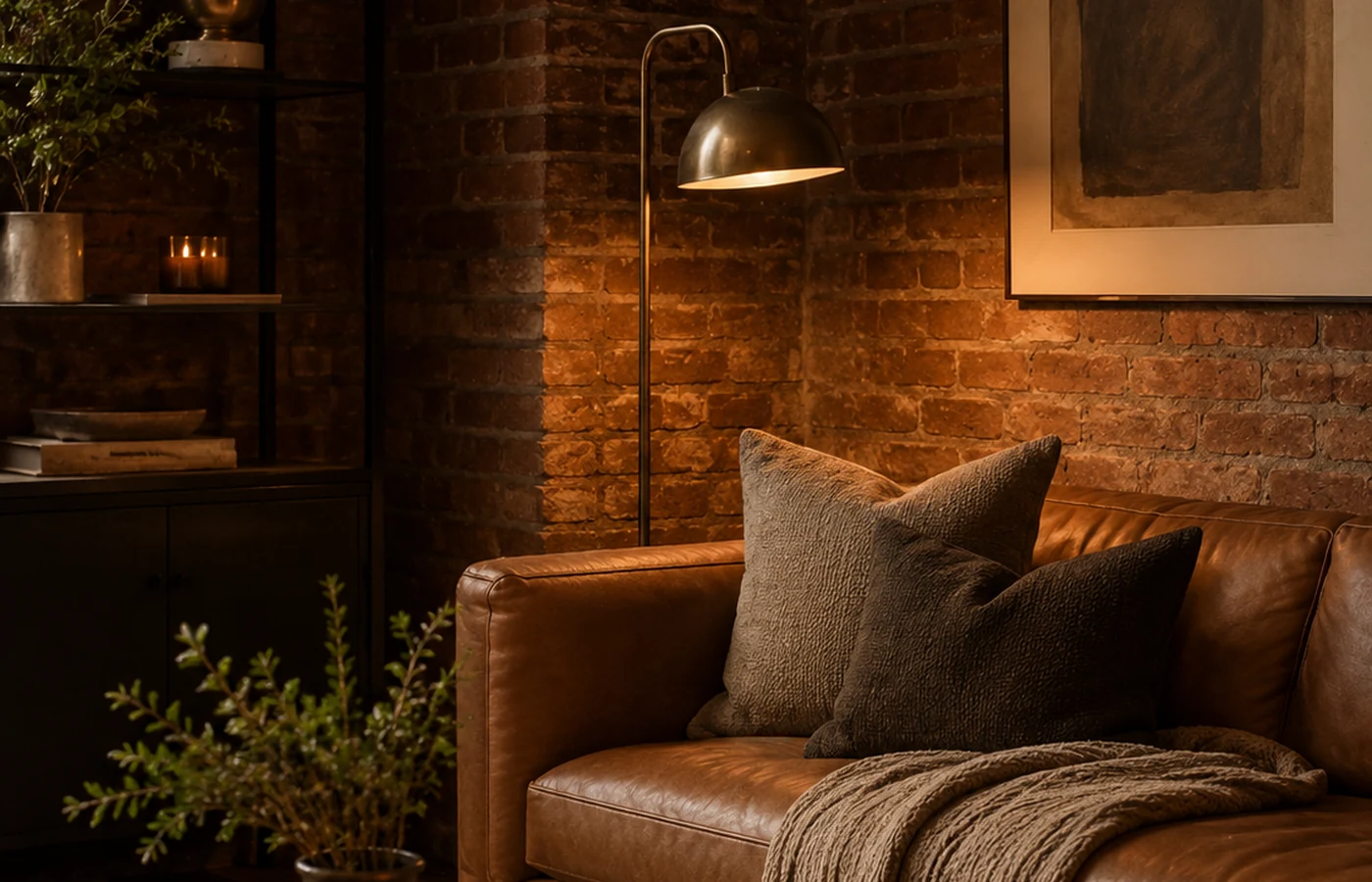 Exposed brick and warm metal wall art styling in a cozy living room