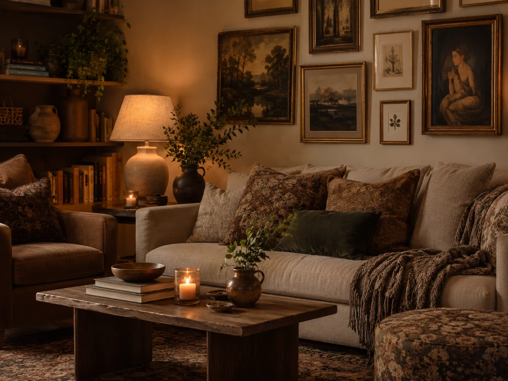 Cozy maximalist living room with layered pillows and warm gallery wall
