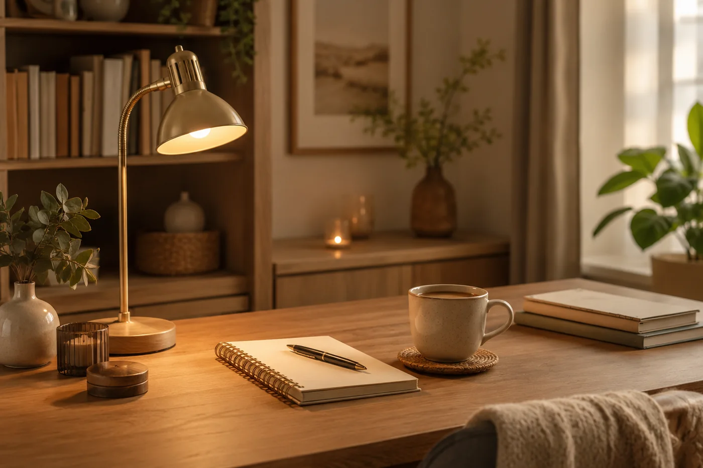 Cozy desk with warm lamp and notebook