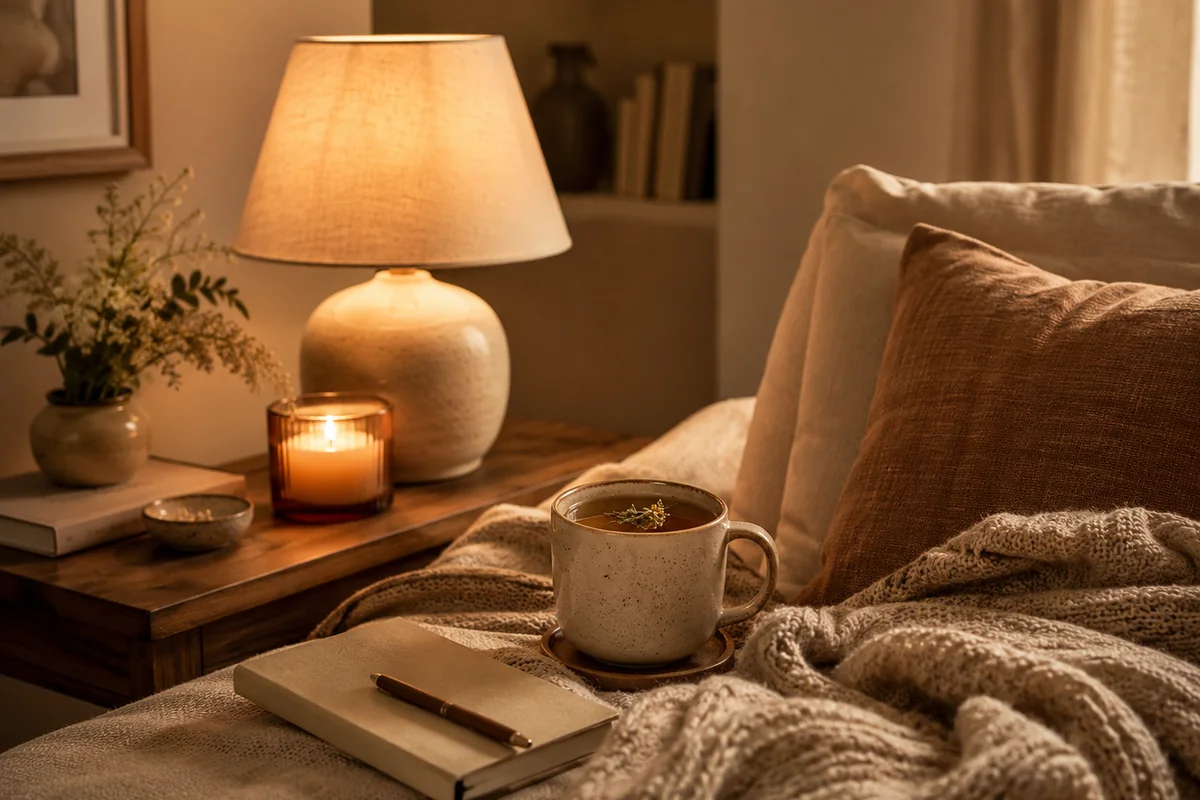 Open writing space with notebook, pen, warm mug, and soft desk light
