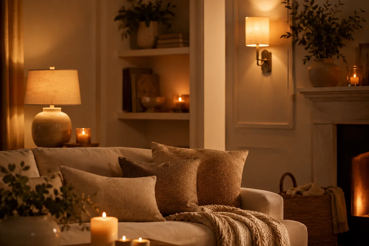 Modern rustic living room with warm wall light and calm evening mood