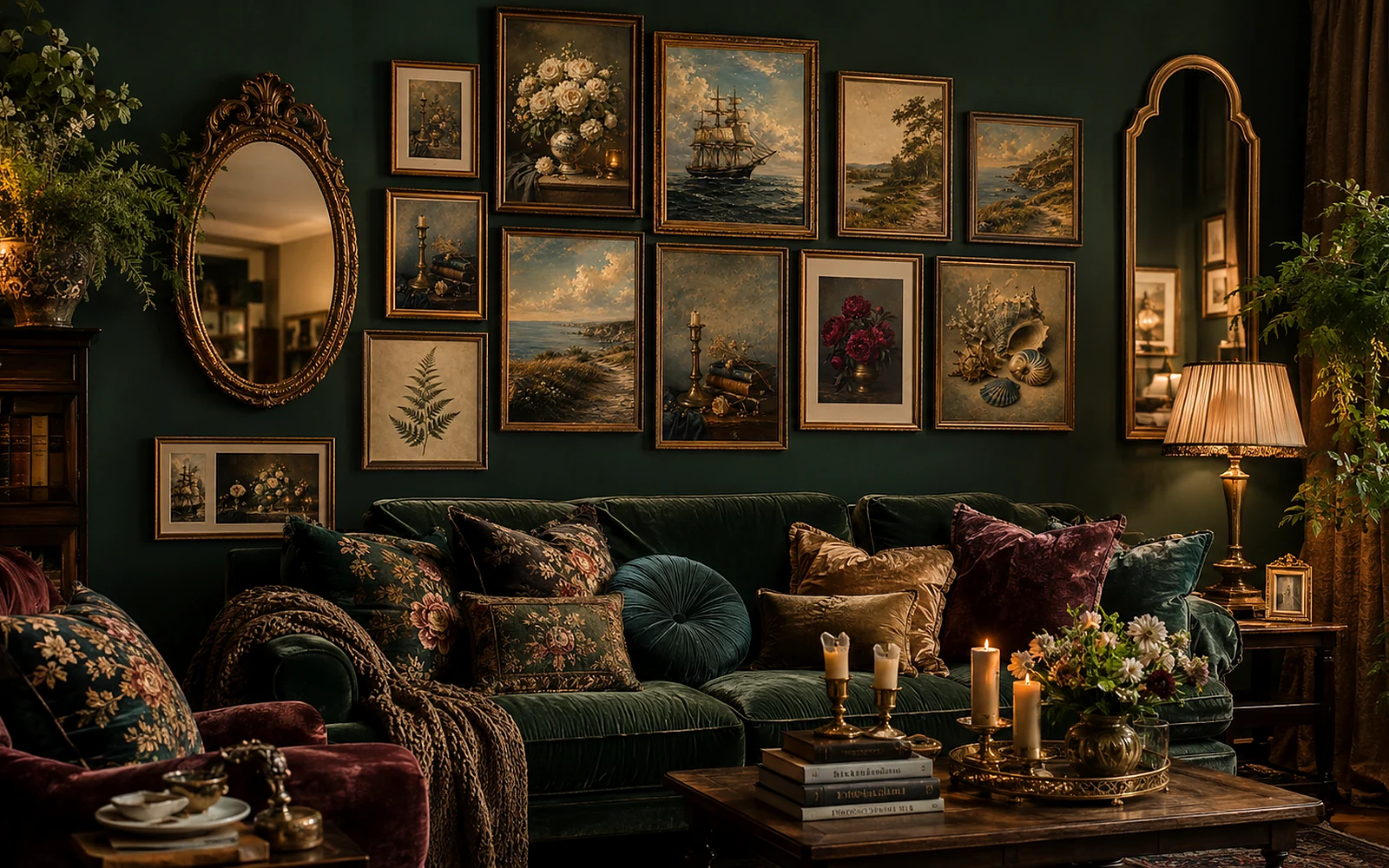 Complete cozy maximalist living room styled with the coordinated Jewel-Tone printable art collection