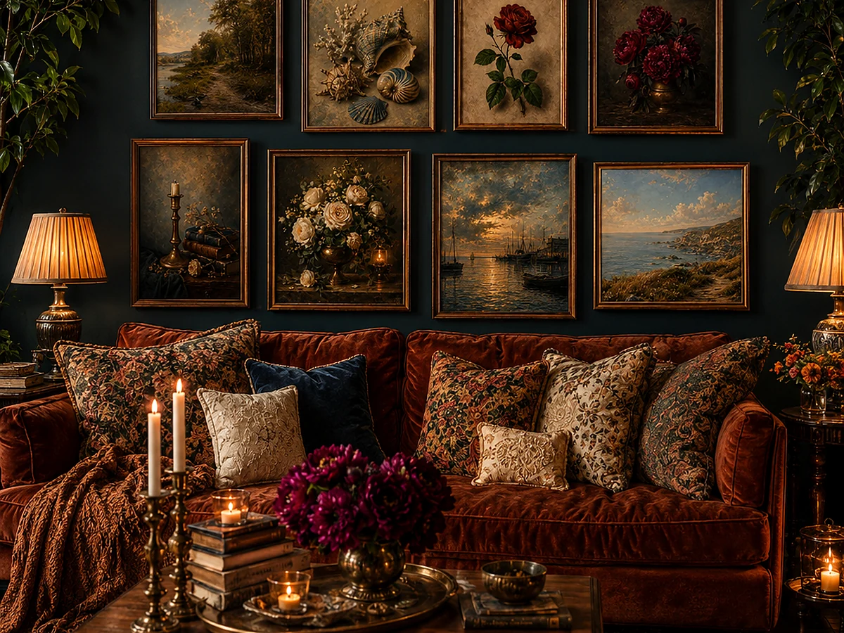 Rust velvet sofa with layered patterned cushions, candles, flowers, and coordinated printable wall art
