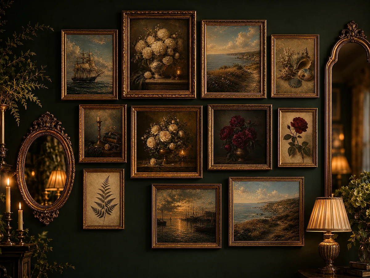 Jewel-tone gallery wall displaying the coordinated printable art collection with ornate mirrors and warm lighting