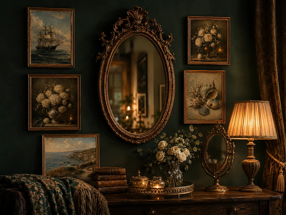 Ornate mirrors, warm lamp, and framed Jewel-Tone printable art used as styling context
