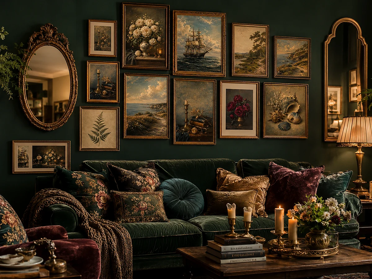 Whole cozy maximalist living room styled with the coordinated Jewel-Tone printable art collection