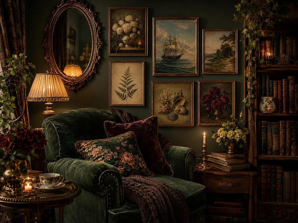 Quiet reading corner with green velvet chair, ornate mirror, warm table lamp, bookshelf, candles, and coordinated framed art