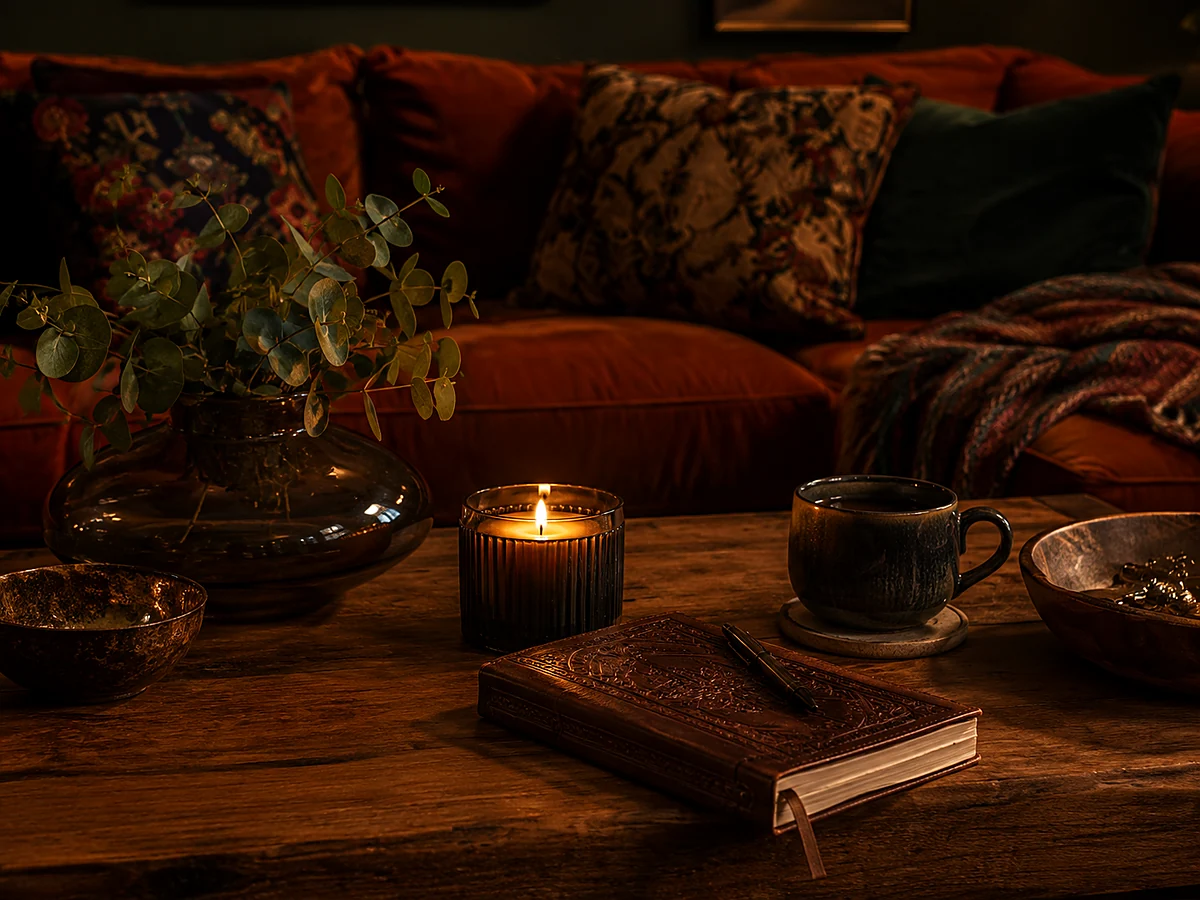 Evening journal, mug, candle, and rust velvet sofa showing the room's daily styling context