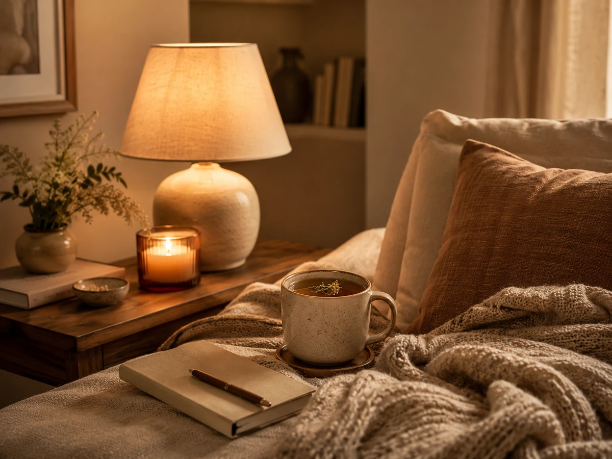 Tidy evening surface with tea, notebook, candle, and warm lamp light