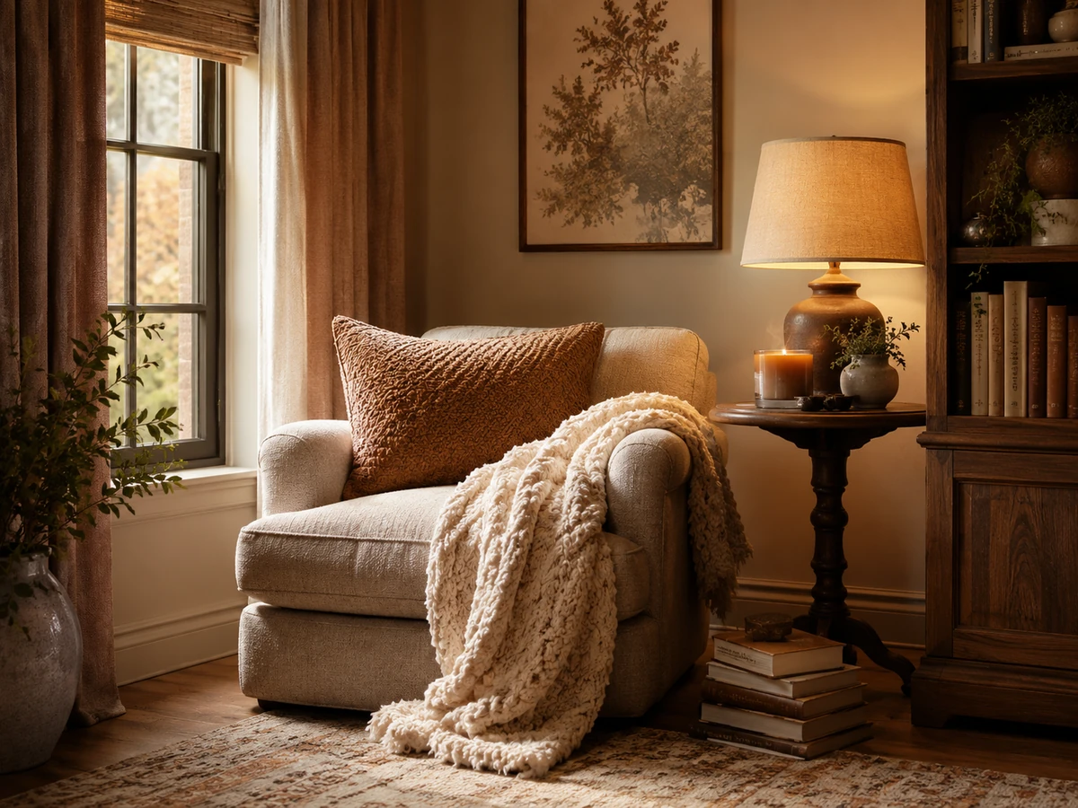 Warm reading nook for an evening wind-down ritual