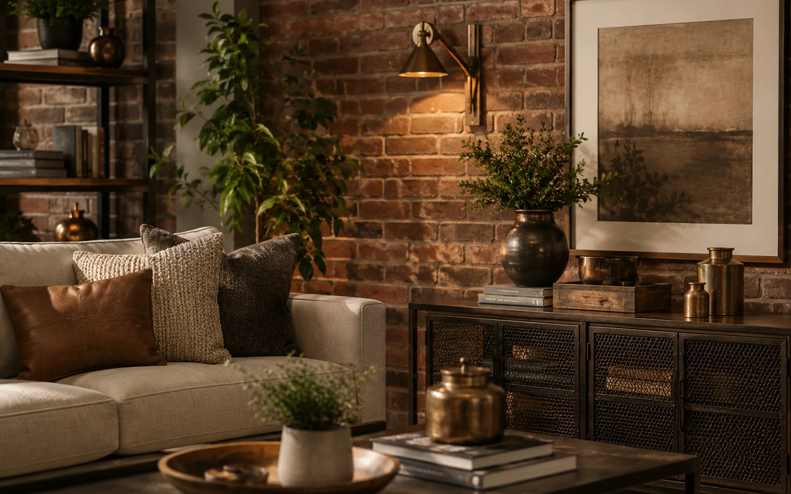 Exposed brick living room with warm metal lamp, framed wall art, sofa, and cozy textures