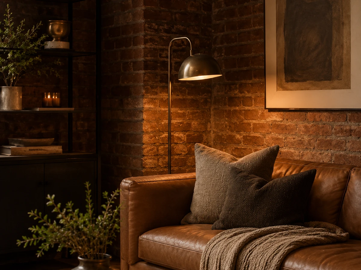 Warm metal lamp glowing against an exposed brick wall