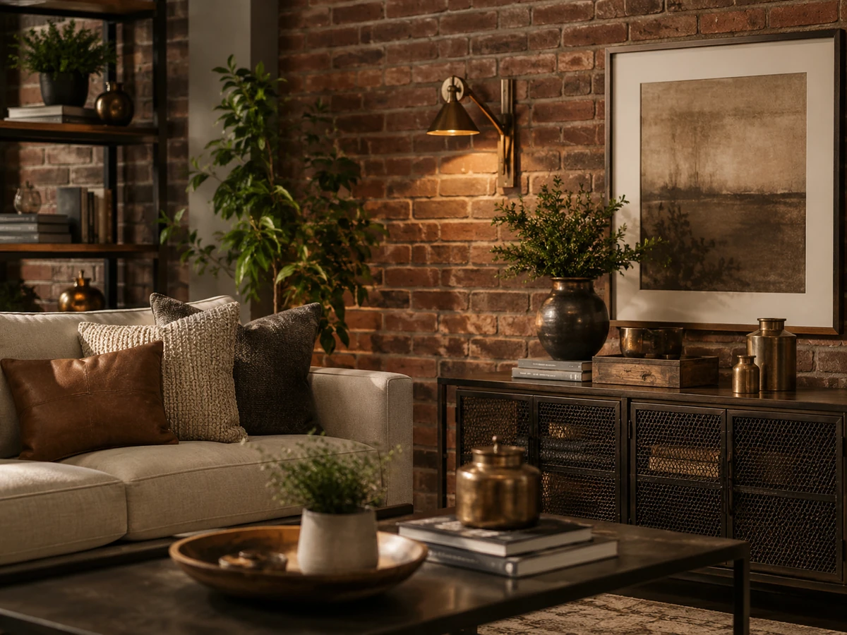 Open shelves with black metal, wood, books, plant, and warm metal decor near brick