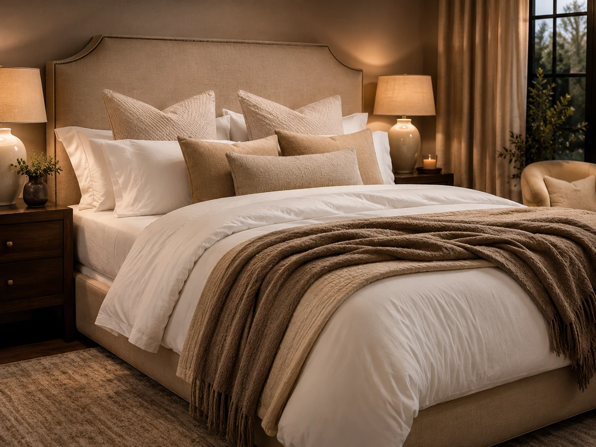 Warm bedside lighting beside layered bedding in a calm bedroom
