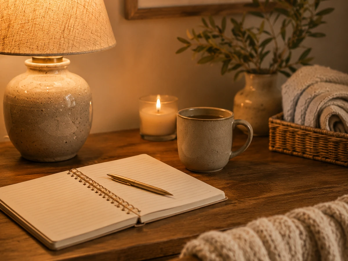 Warm study nook with cozy reading ambiance and soft light