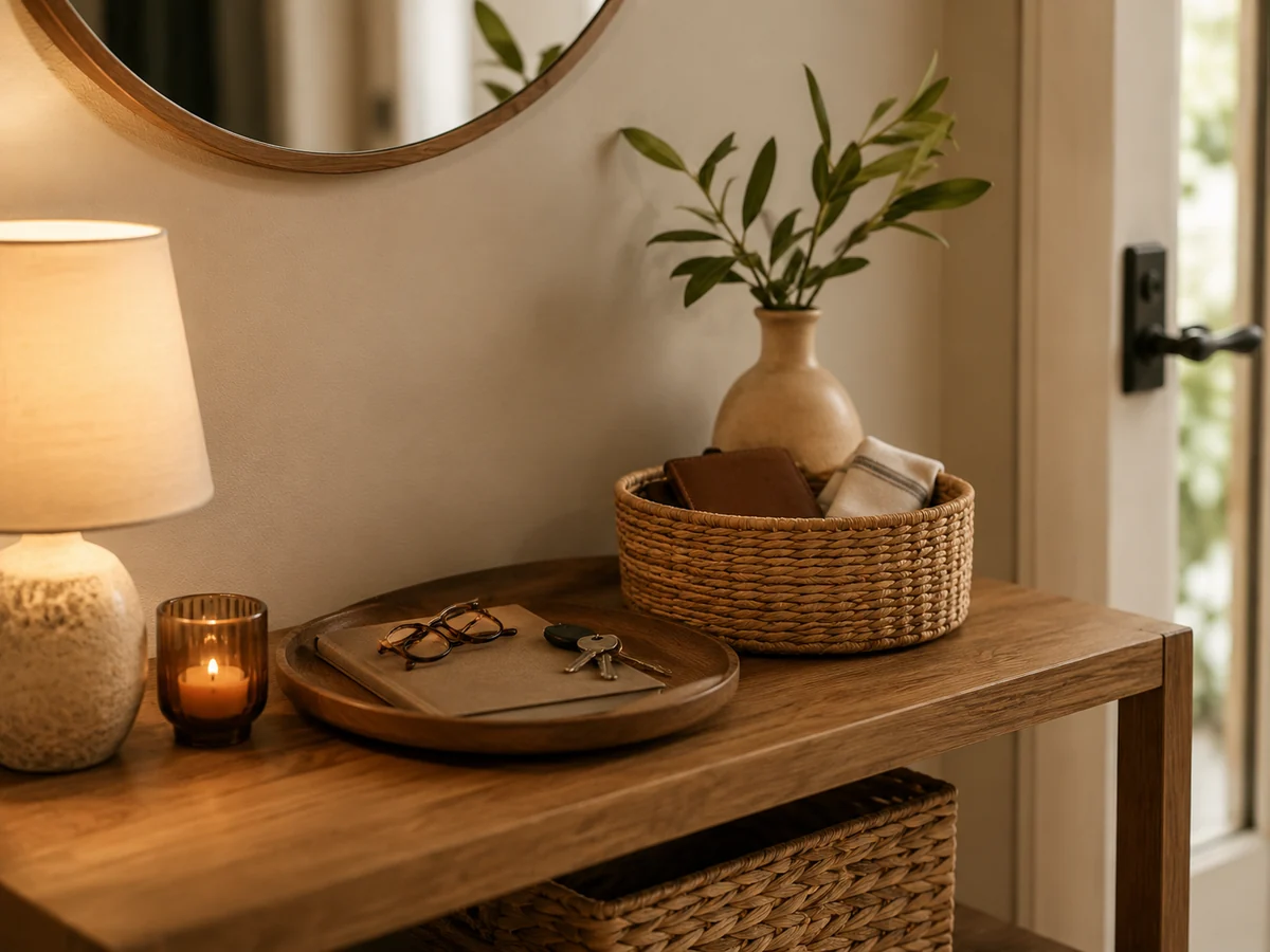 Woven baskets used as soft storage in a calm entry area