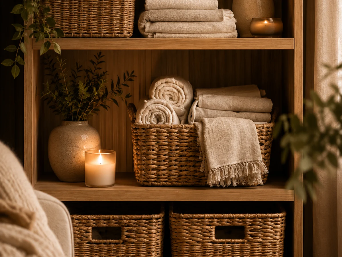 Open shelf linen storage with warm candlelight and cozy neutral textures