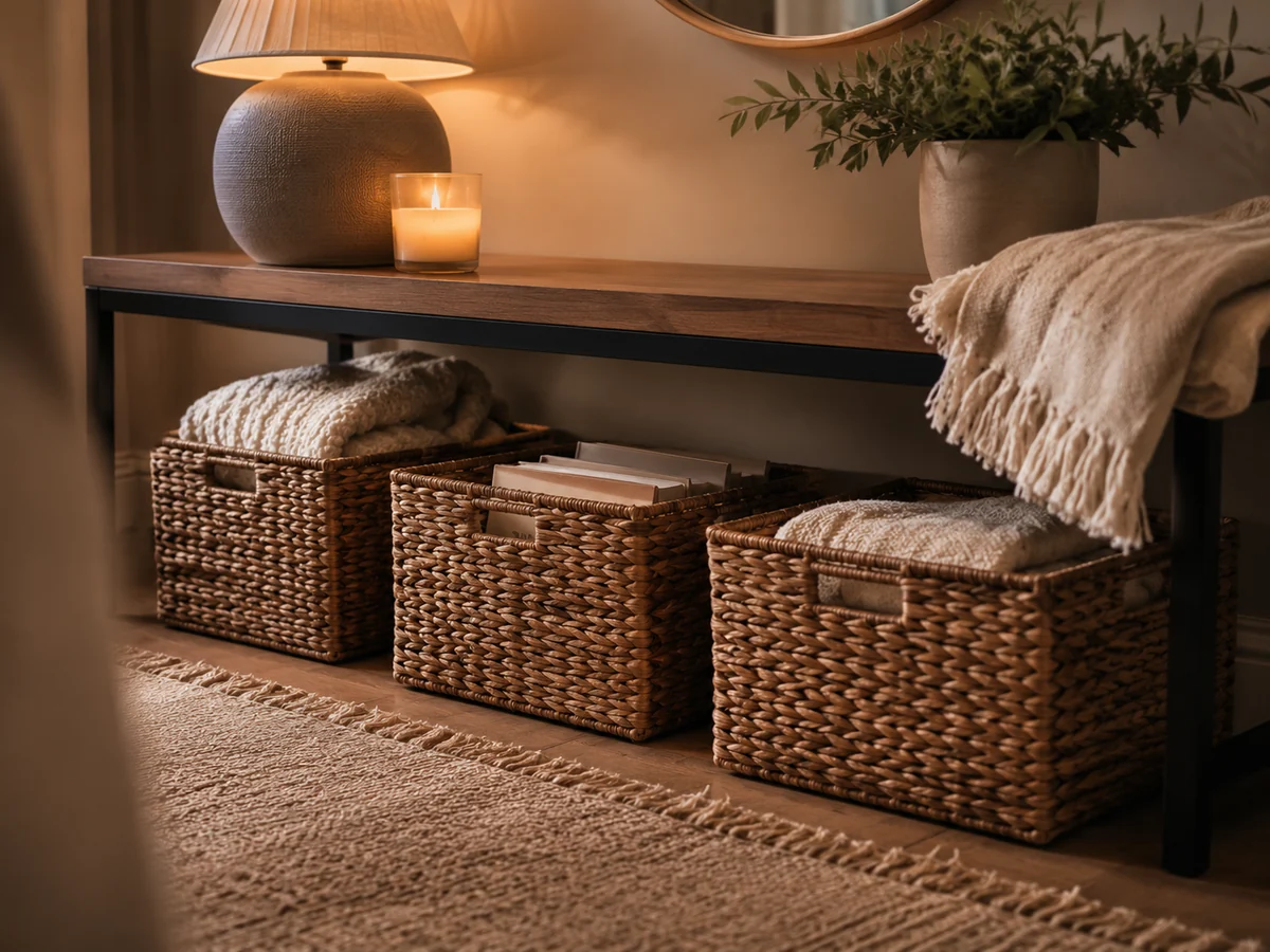 Under console basket storage with warm lamp, woven baskets, folded textiles, and calm entryway styling