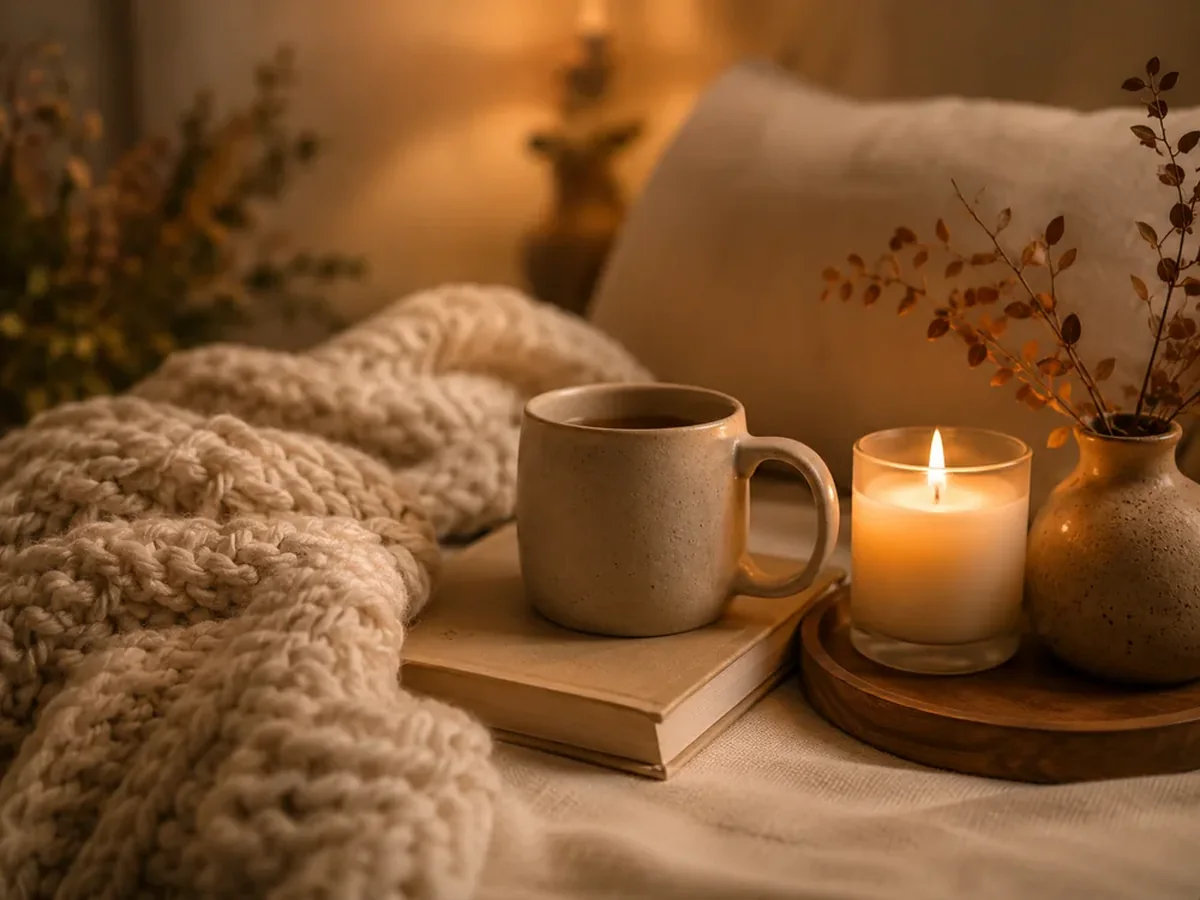 Warm wall light with plant shadows and cozy texture