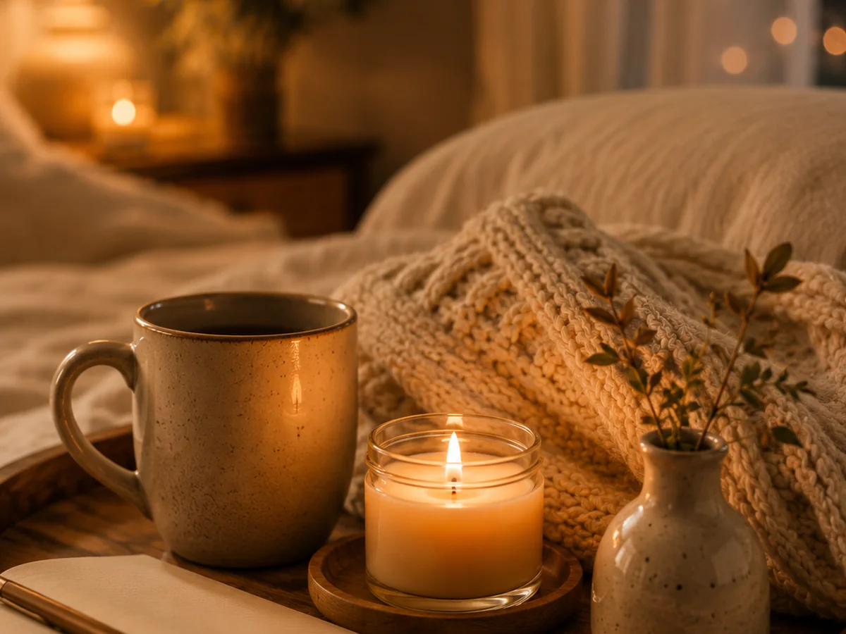 Evening room with soft lamp glow near a window