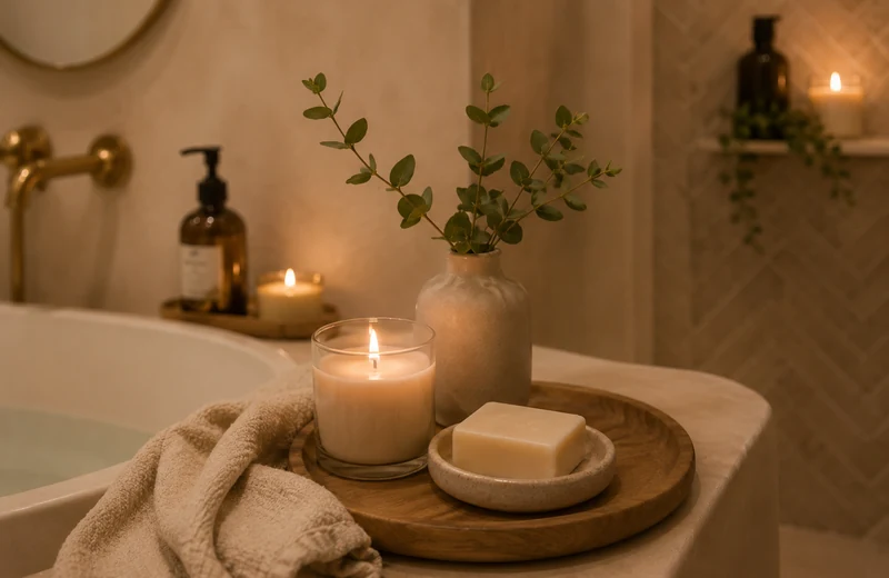 Candle and bath details creating a spa-like bathroom mood