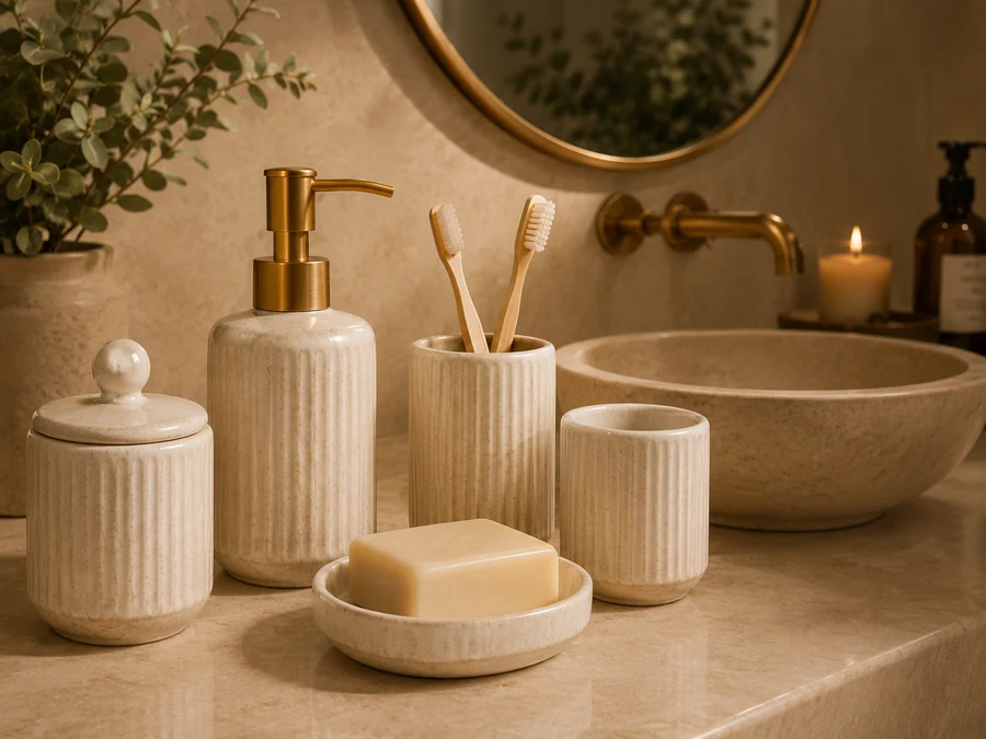 Ceramic bathroom accessory set with soap dish, toothbrush holder, and neutral countertop styling