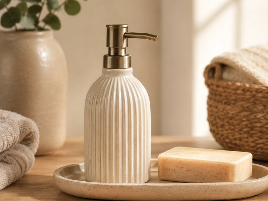 Bathroom upgrades with ceramic soap dispenser and candle.