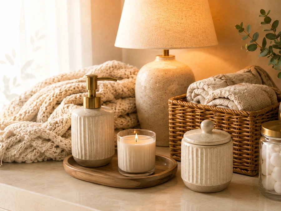 Ceramic table lamp with warm light and candle.