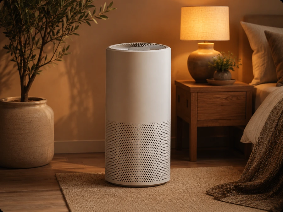 Air purifier in a calm bedroom corner.