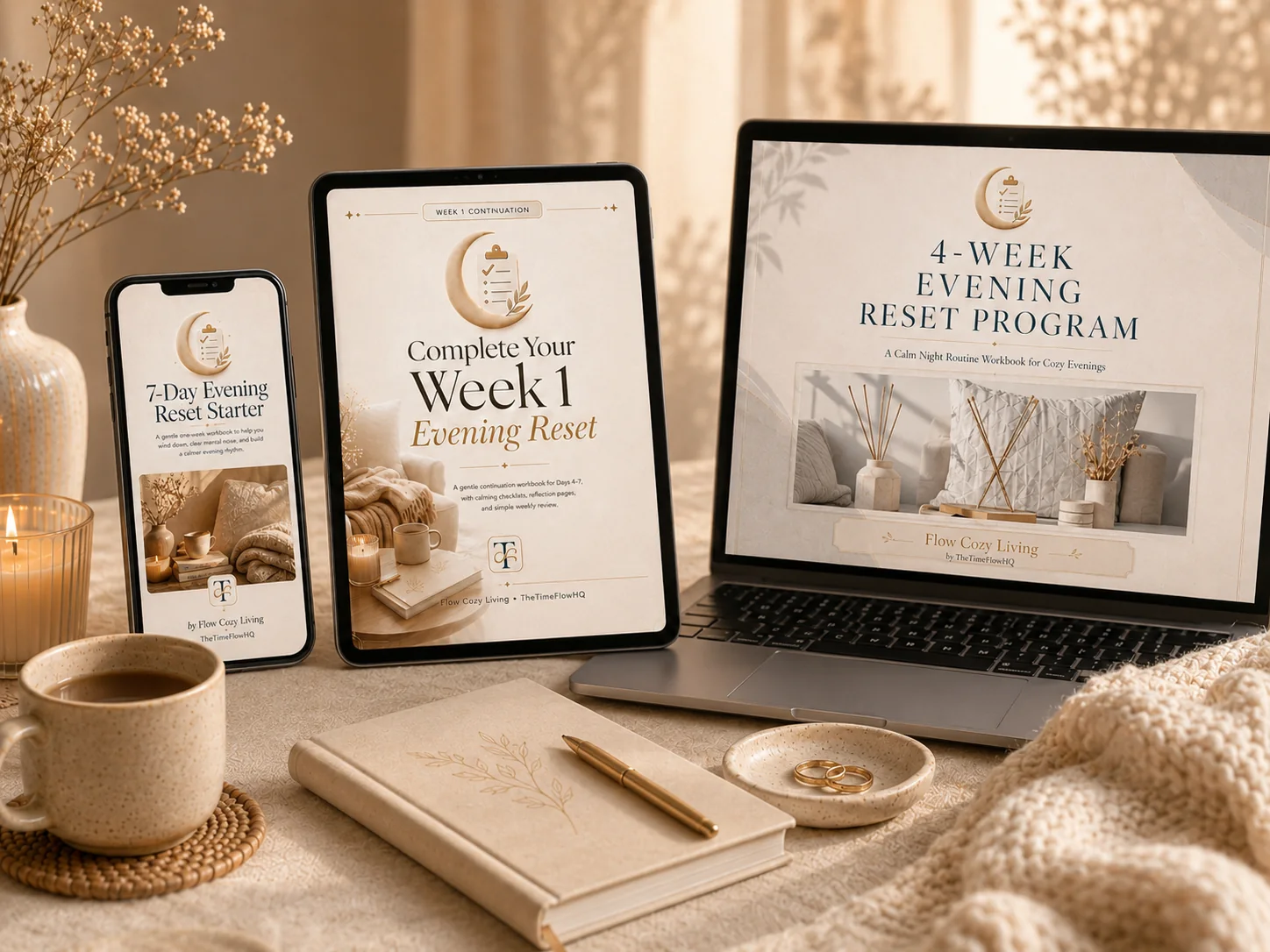Evening Reset starter, Week 1, and 4-week workbook shown on phone, tablet, and laptop