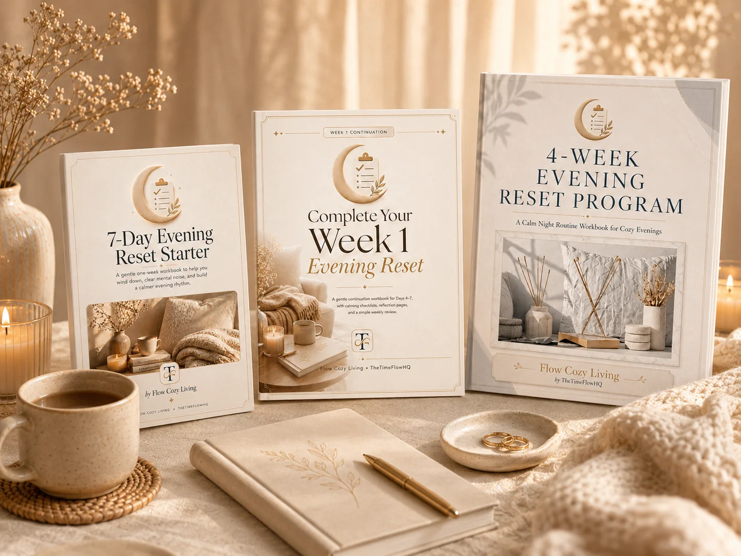 Flow Cozy Living Evening Reset workbook collection displayed with candle, warm blanket, mug, and journal