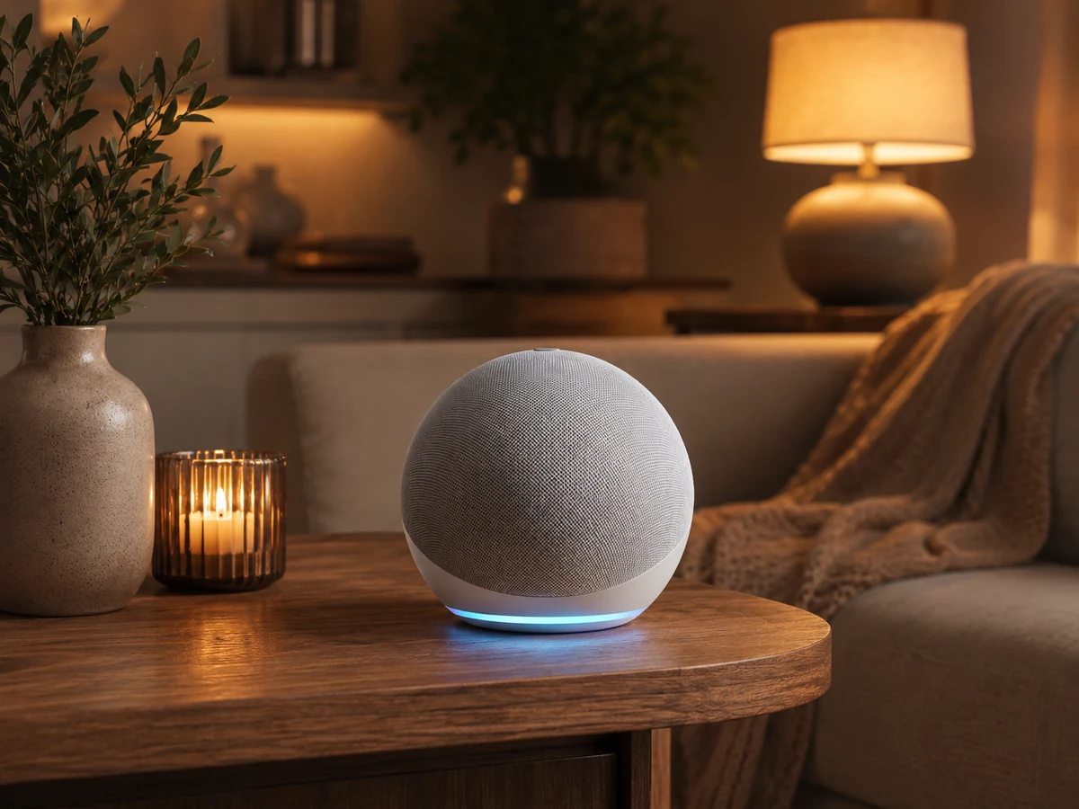 Cozy living room with a smart speaker and soft warm ambiance