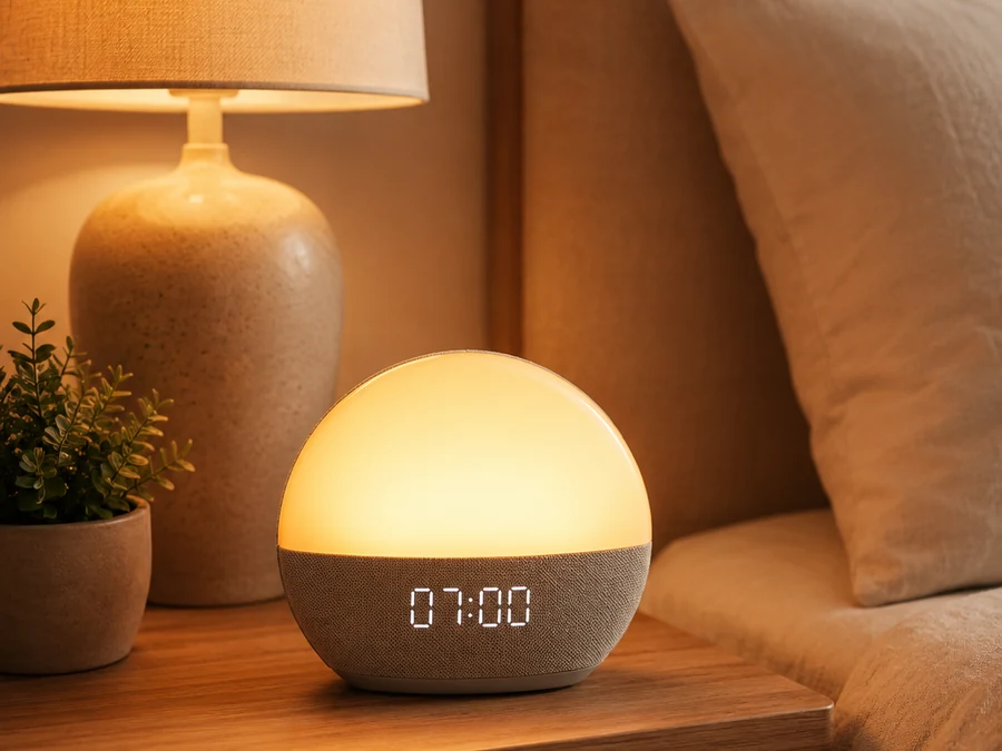 Sunrise alarm near a cozy bed in warm morning light