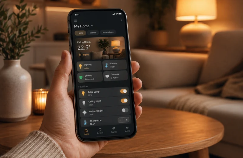 Smartphone controlling a cozy smart home setup