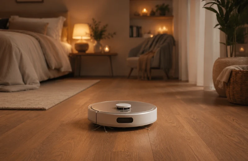 Robot vacuum in a cozy room with warm neutral decor