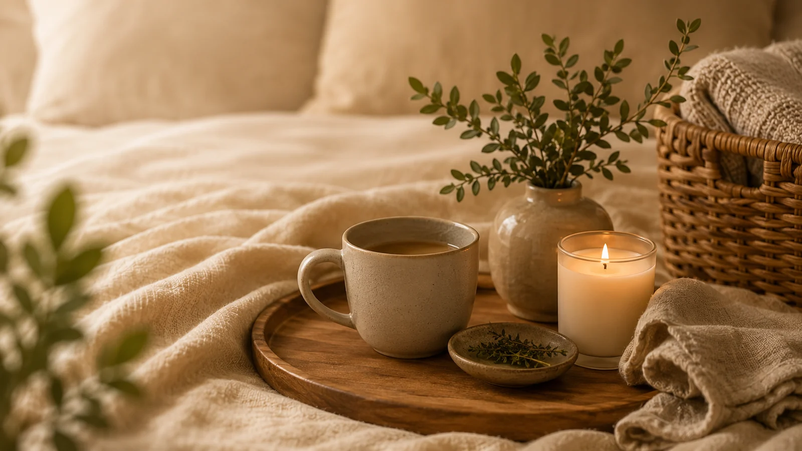 Evening reset tray with mug, candle, soft linens, and warm calm bedroom mood