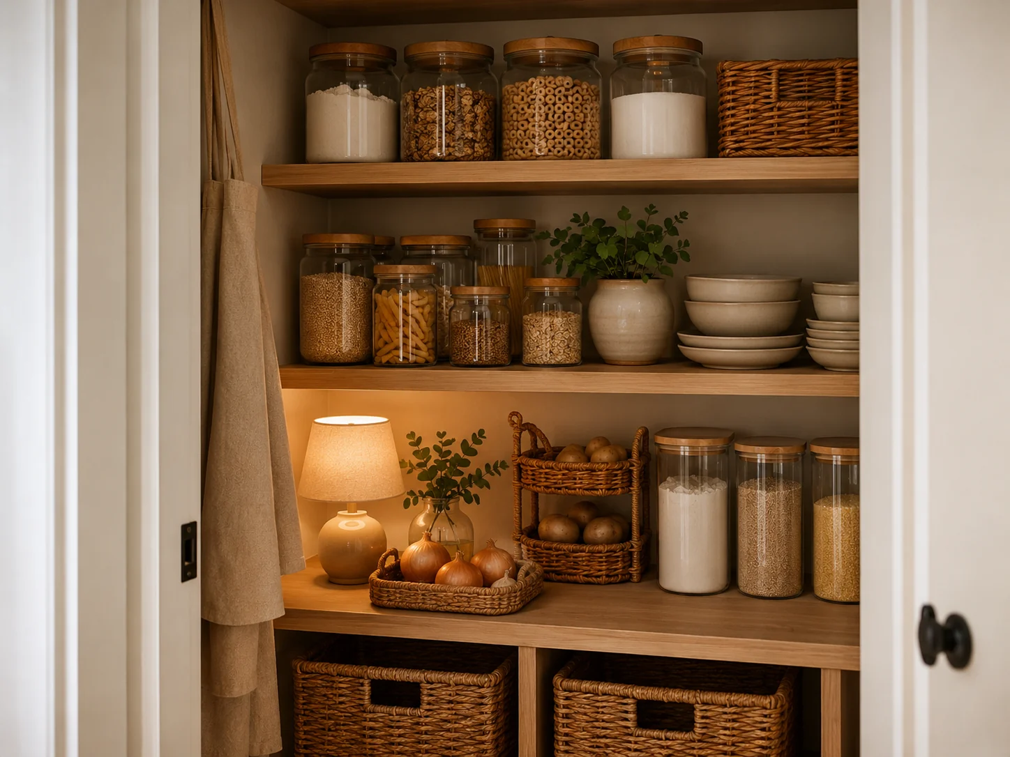 Hidden pantry with jars, baskets, bowls, and warm shelf lighting