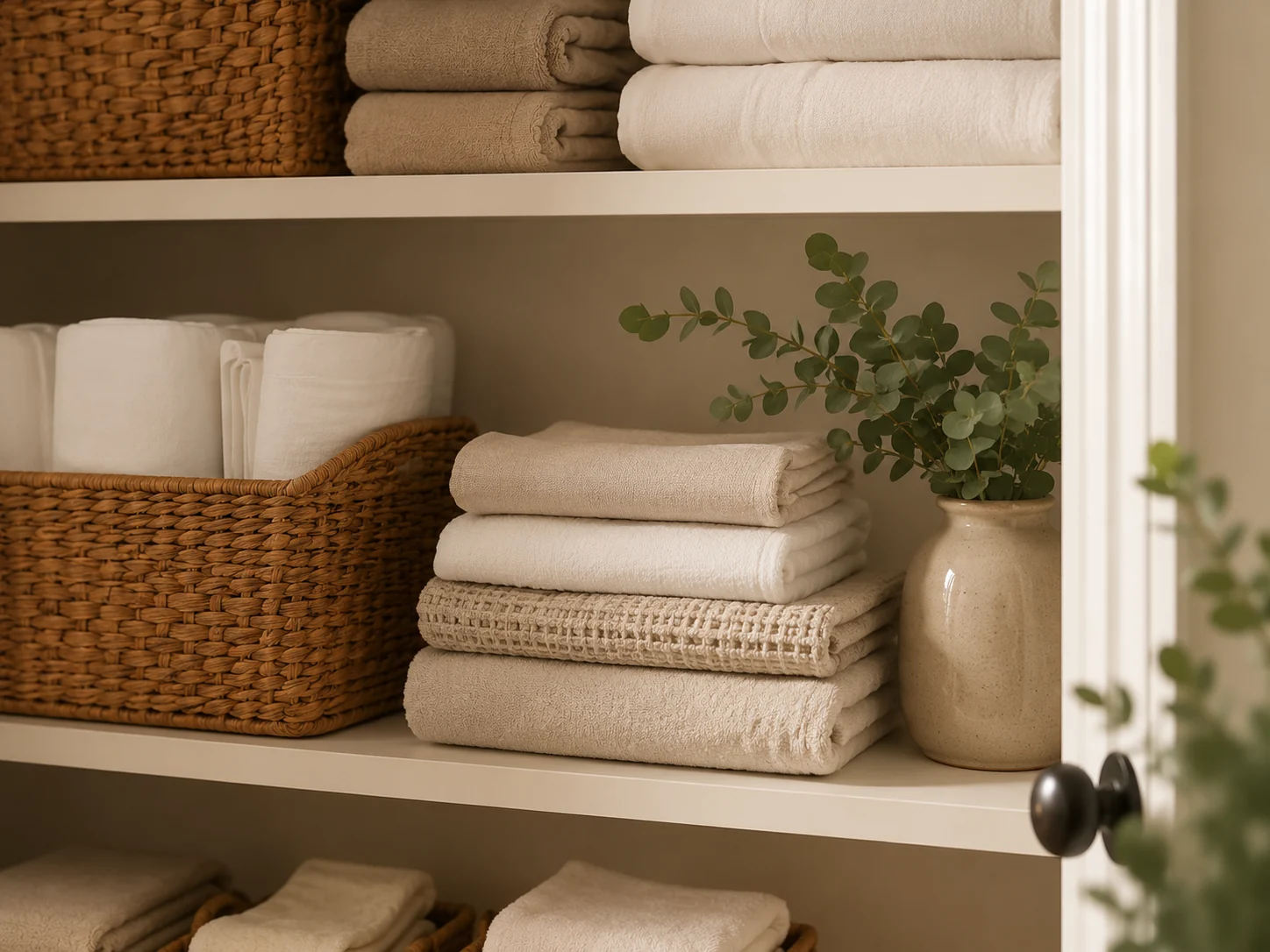 Linen closet with folded towels and woven baskets
